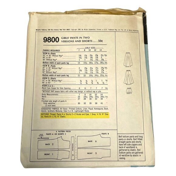 McCalls Vintage 9800 Sewing Pattern Girls Size 8 Pants & Shorts - Picture 3 of 3